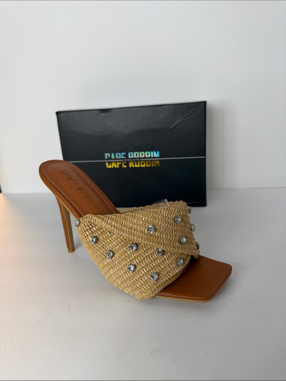 Cape Robbin Tan Raffia Crystal-Embellished High Heel Mule